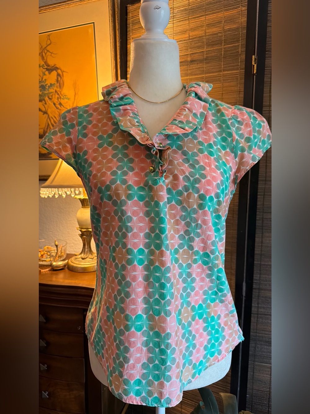 Elizabeth McKay Silk Blend Women’s 6 Blouse Pink Green Geometric Ruffle
